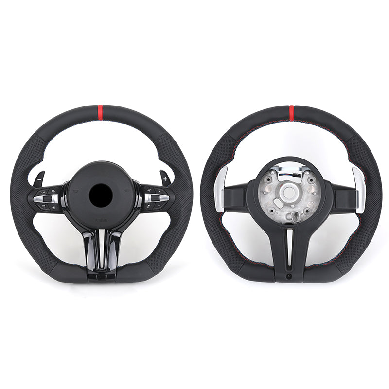 Custom LED steering wheel for BMW shown from front and back with black leather and red center stripe
