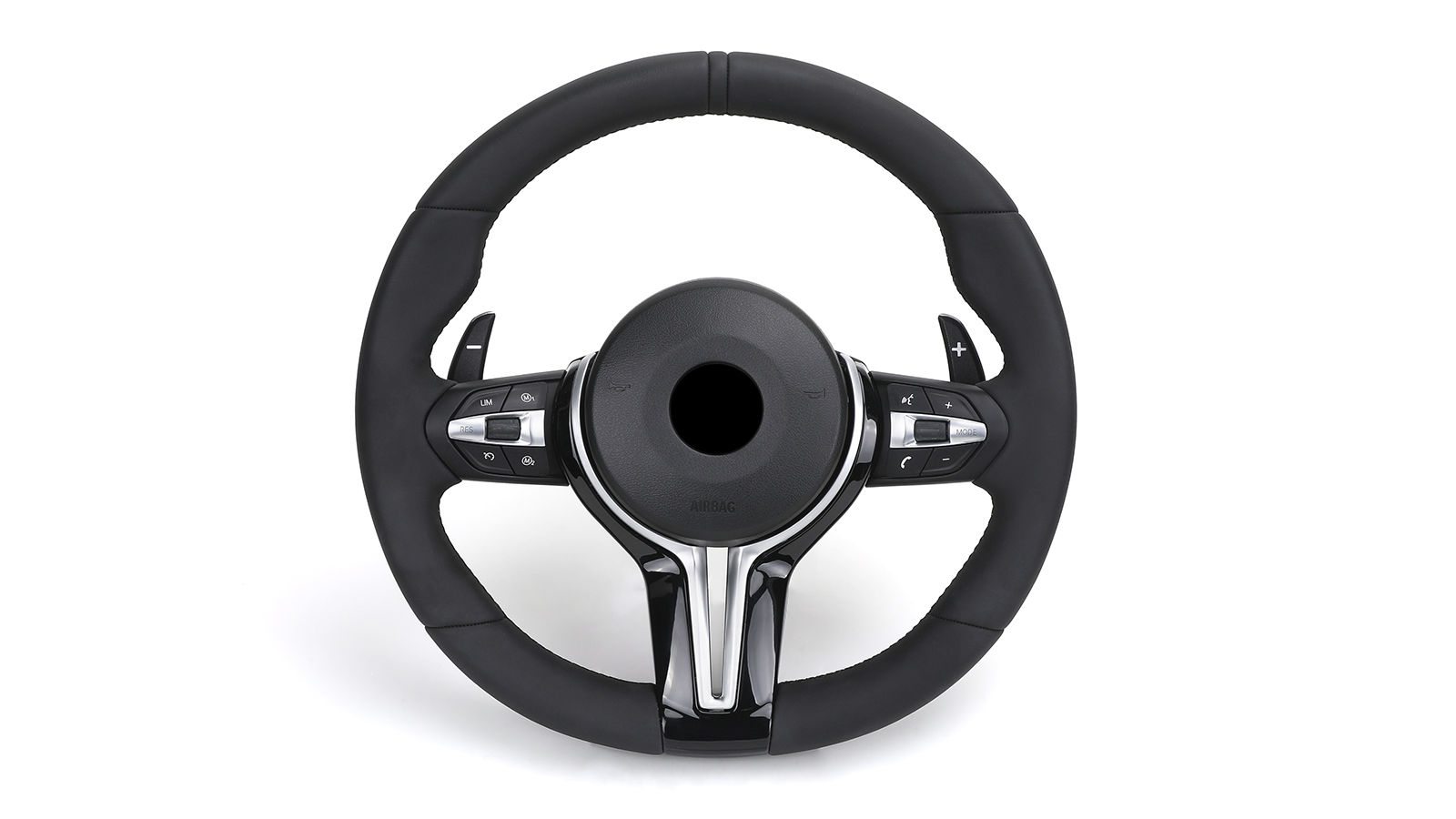 BMW forged carbon steering wheel with black leather grip and integrated control buttons