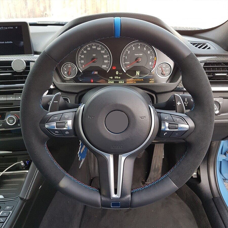 BMW luxury car carbon steering wheel replacement with black suede and blue center stripe