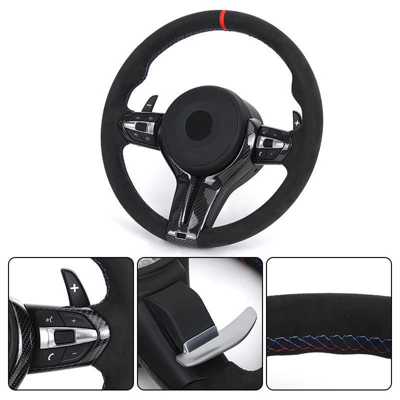 Black steering wheel with detailed features on a white background