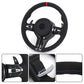 Black steering wheel with detailed features on a white background