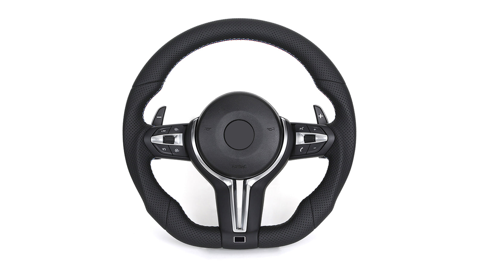 Black steering wheel with silver accents on a white background