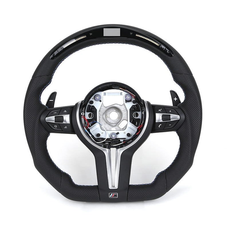 Black steering wheel with silver center on a white background