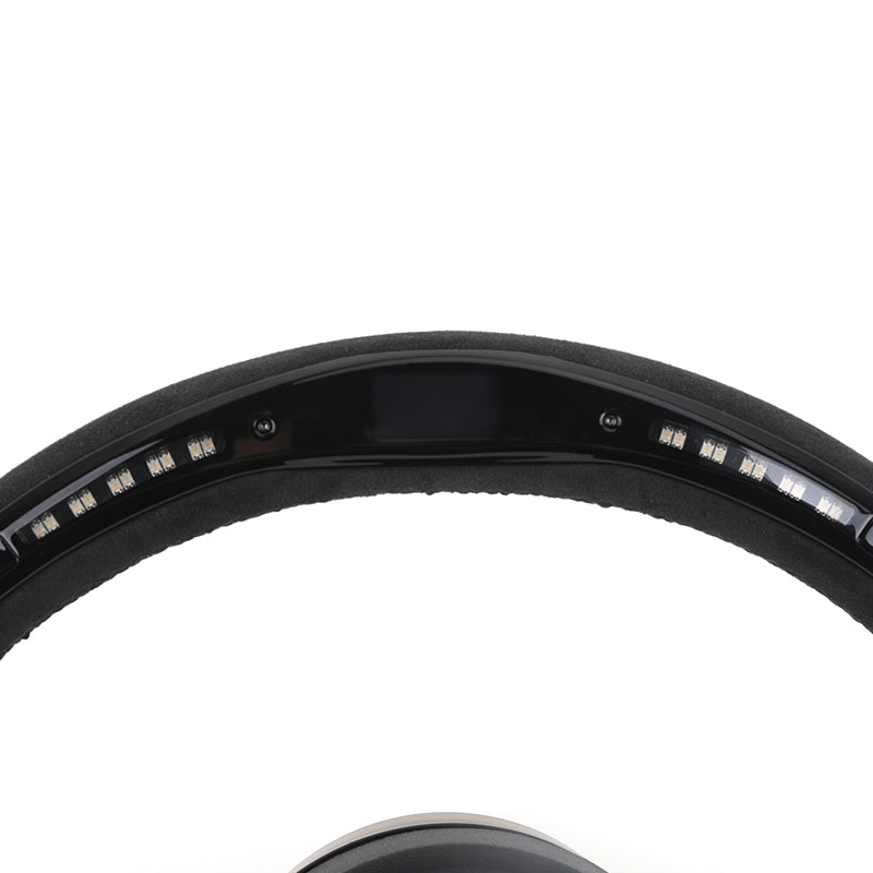 Close-up of a black rim with reflective surface on a white background