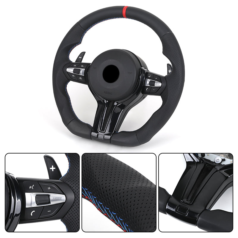 BMW carbon fiber steering upgrade with black perforated leather and red center stripe