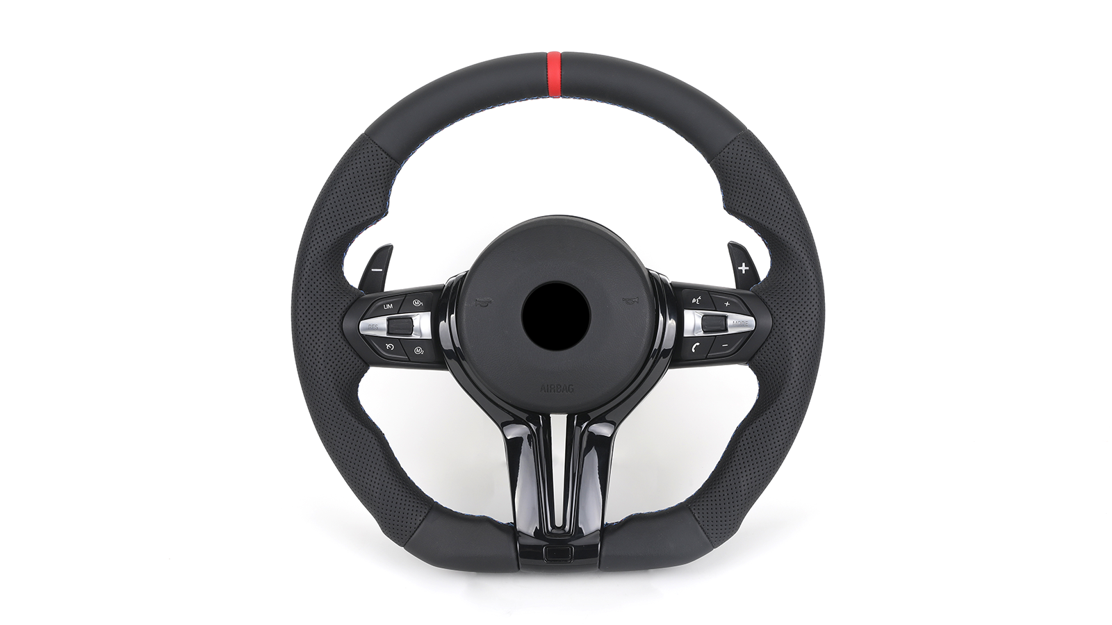 BMW carbon fiber steering wheel with ergonomic grip and integrated control buttons in black