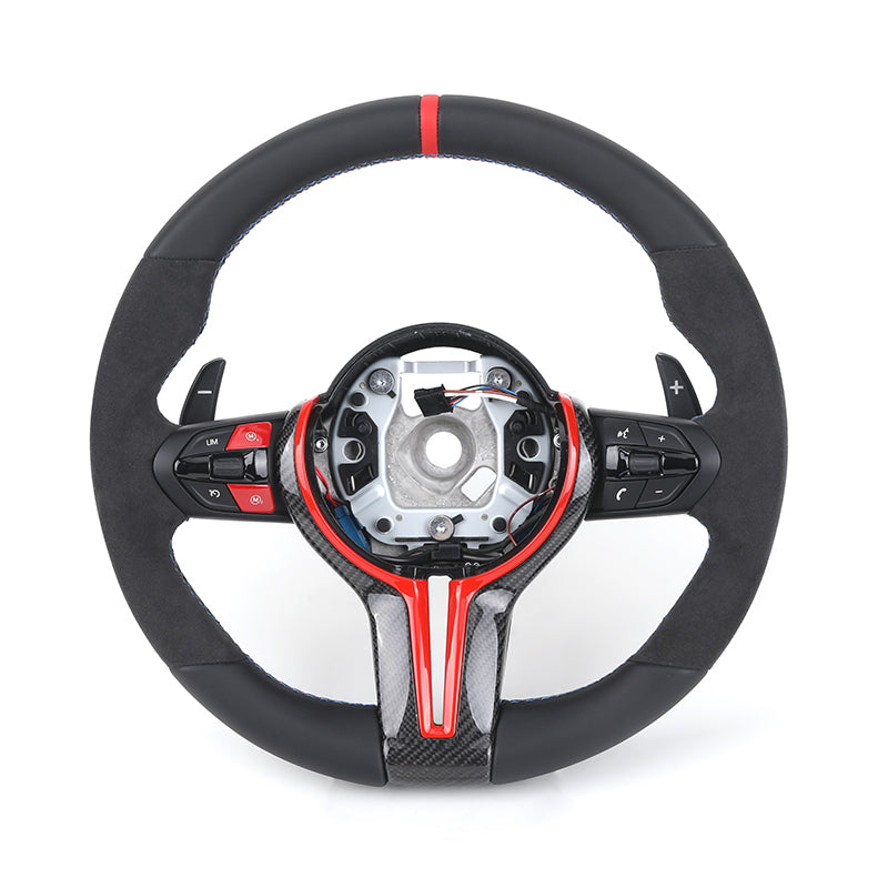 BMW carbon fiber steering wheel with black leather, red accents, and integrated control buttons