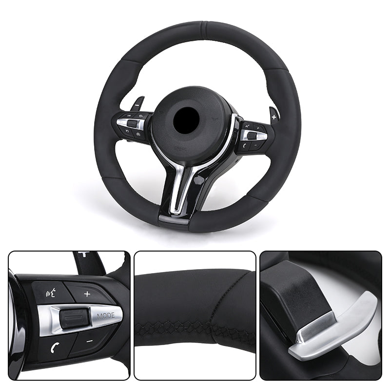 Custom BMW steering wheel upgrade with black leather grip and chrome paddle shifters