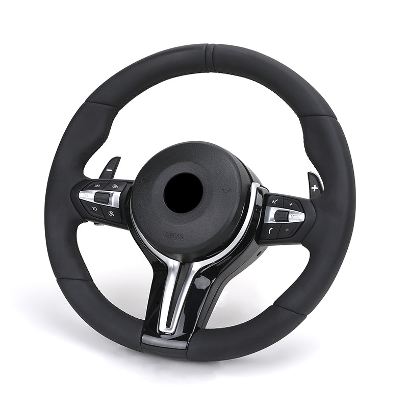 Custom BMW steering wheel upgrade with ergonomic black leather and integrated control buttons