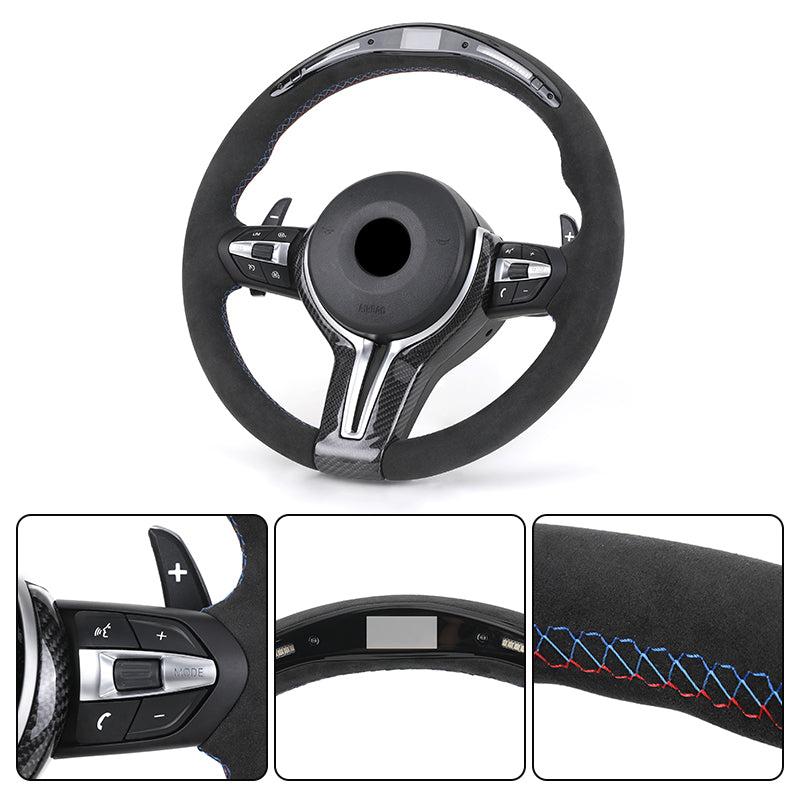 BMW forged carbon steering wheel with suede grip, multi-function controls, and detailed stitching