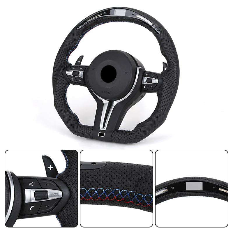 BMW M series carbon steering wheel with black perforated leather and blue red stitching accents