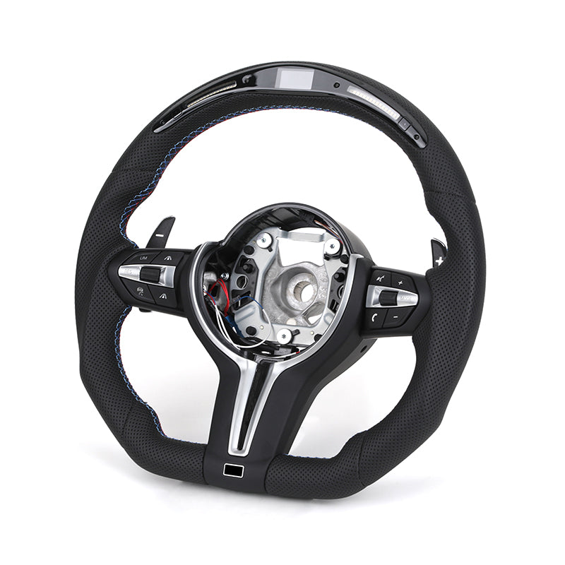 BMW M series carbon steering wheel with black perforated grip and control buttons for BMW cars