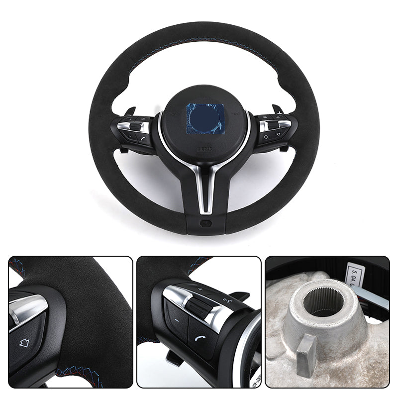 Custom BMW steering wheel upgrade with black suede finish and chrome control buttons for BMW vehicles